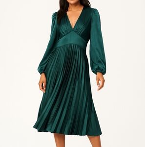 Baltic Born Satin Louie Pleated Wedding Guest Midi Dress Emerald Green Small